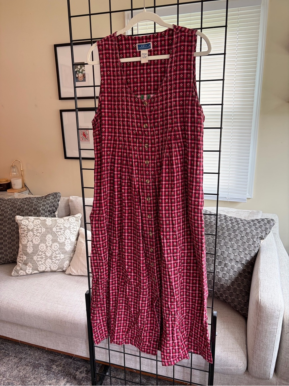 Red Plaid Flower Dress | Sleeveless Midi with Buttons | Size M | Bryn Connelly